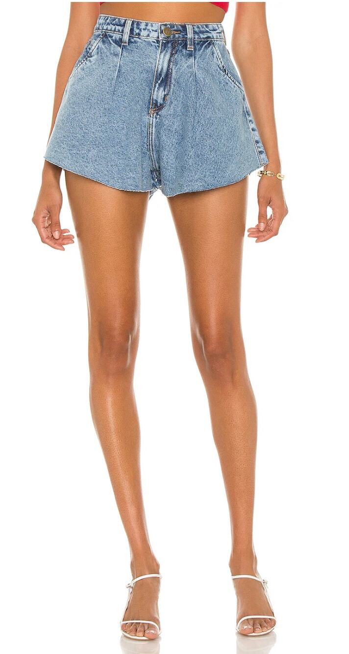 IORANE Denim Shorts M Blue Jean Pleated High Rise Raw Cut Hem 100 Cotton NWT New